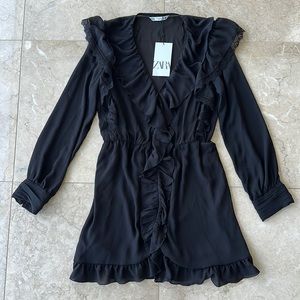 Zara Black lace Appliqué Ruffled Dress in Size M